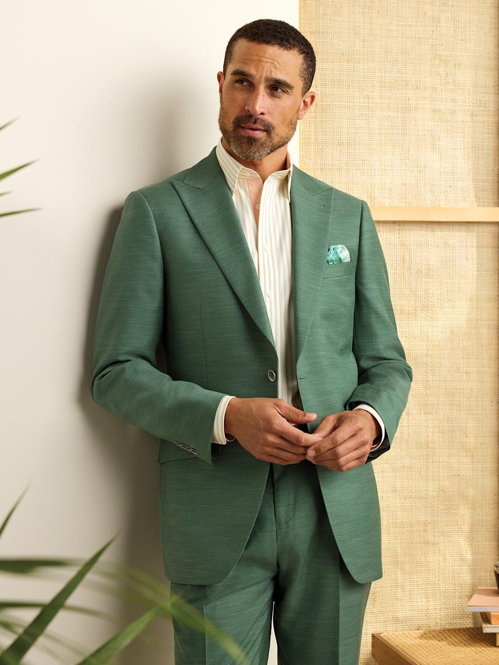 Microfiber Linen Blend Single Breasted Peak Lapel Suit Jacket - Green Product Image