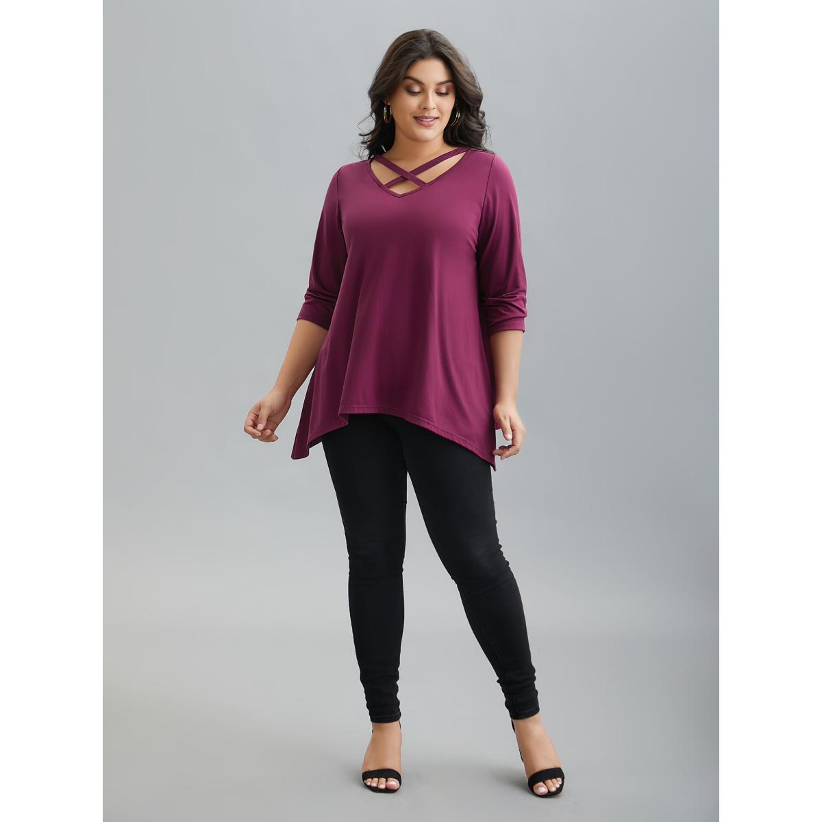 Plus Size Crossover Neck-Tie Flared T-Shirt RedViolet Women Casual Asymmetrical V-neck Loose Everyday T-shirts BloomChic 12/L Product Image