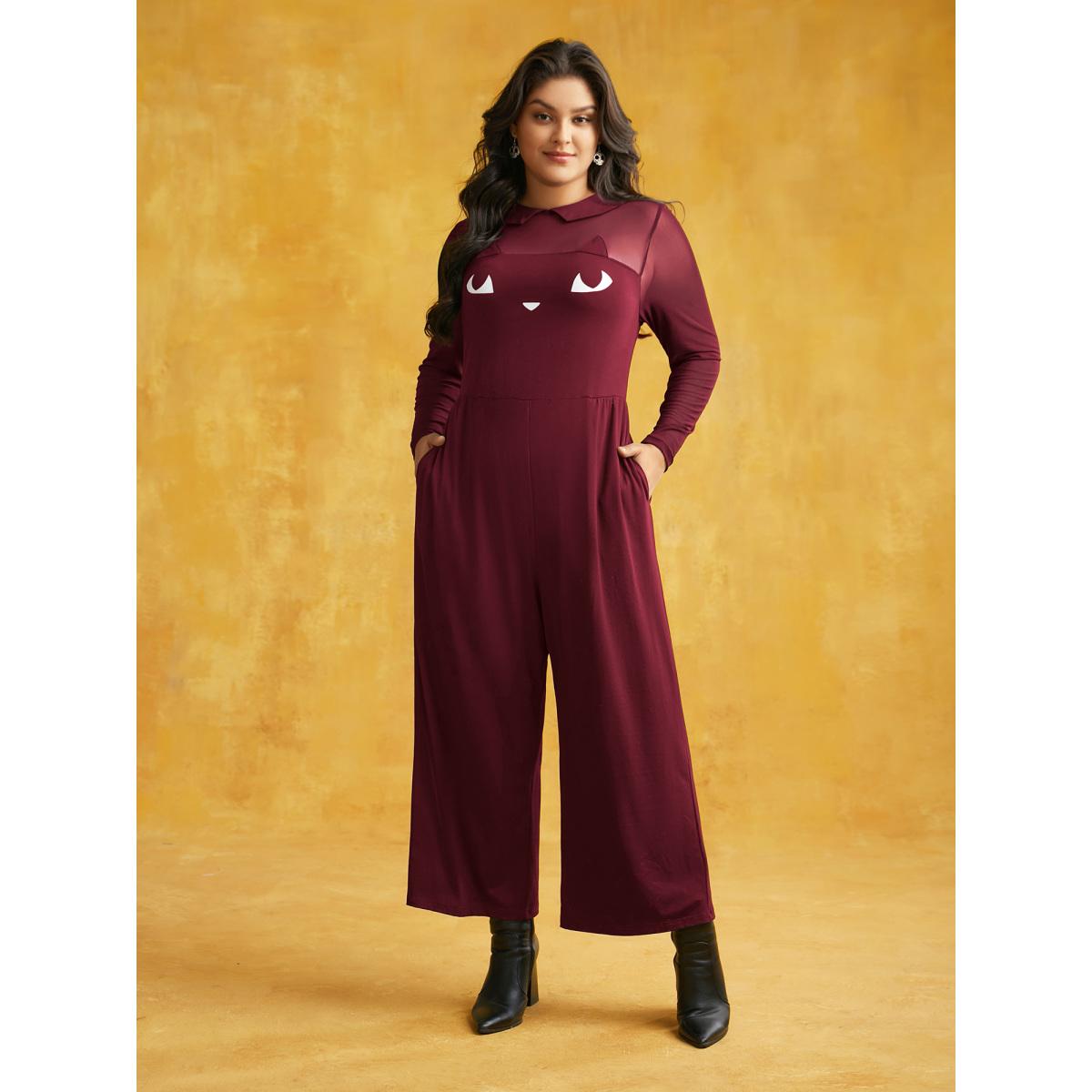 Plus Size Scarlet Stretch Fabric Spooky Cat Jumpsuit Women Playful Long Sleeve Round Neck Casual Loose Jumpsuits BloomChic 26/4X Product Image
