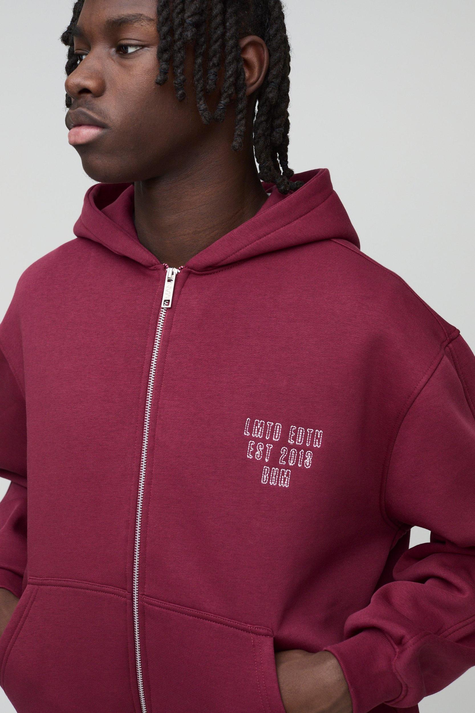 Oversized Boxy Worldwide Embroidered Zip Through Hoodie | boohooMAN USA Product Image