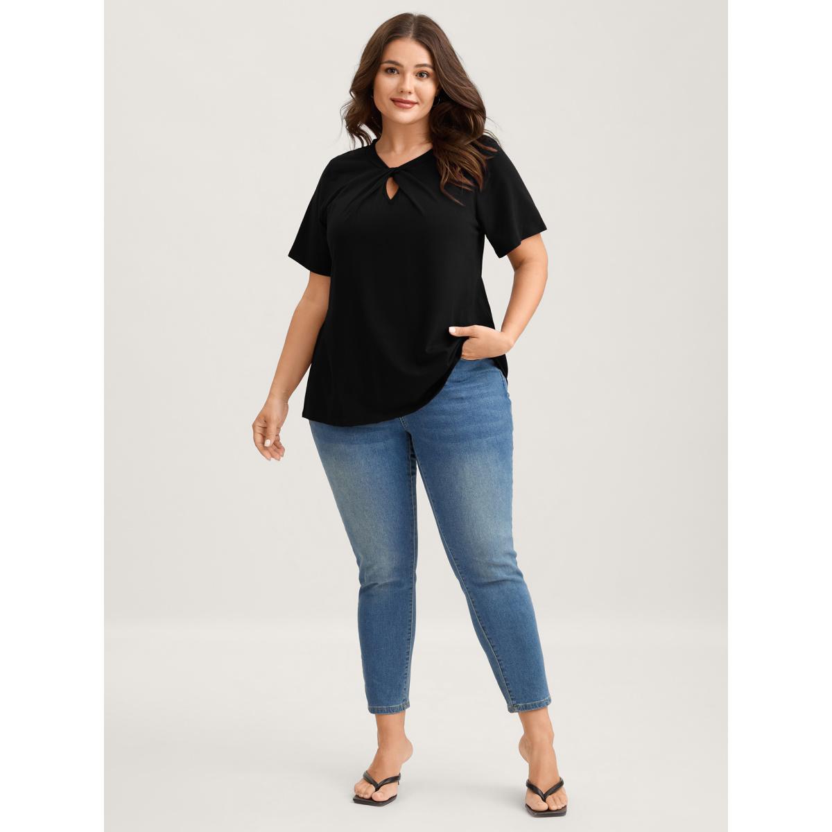 Plus Size Knotted Cut-Out Neckline Solid T-Shirt Black Women Timeless Twist Round Neck Elegant T-shirts BloomChic 12/L Product Image