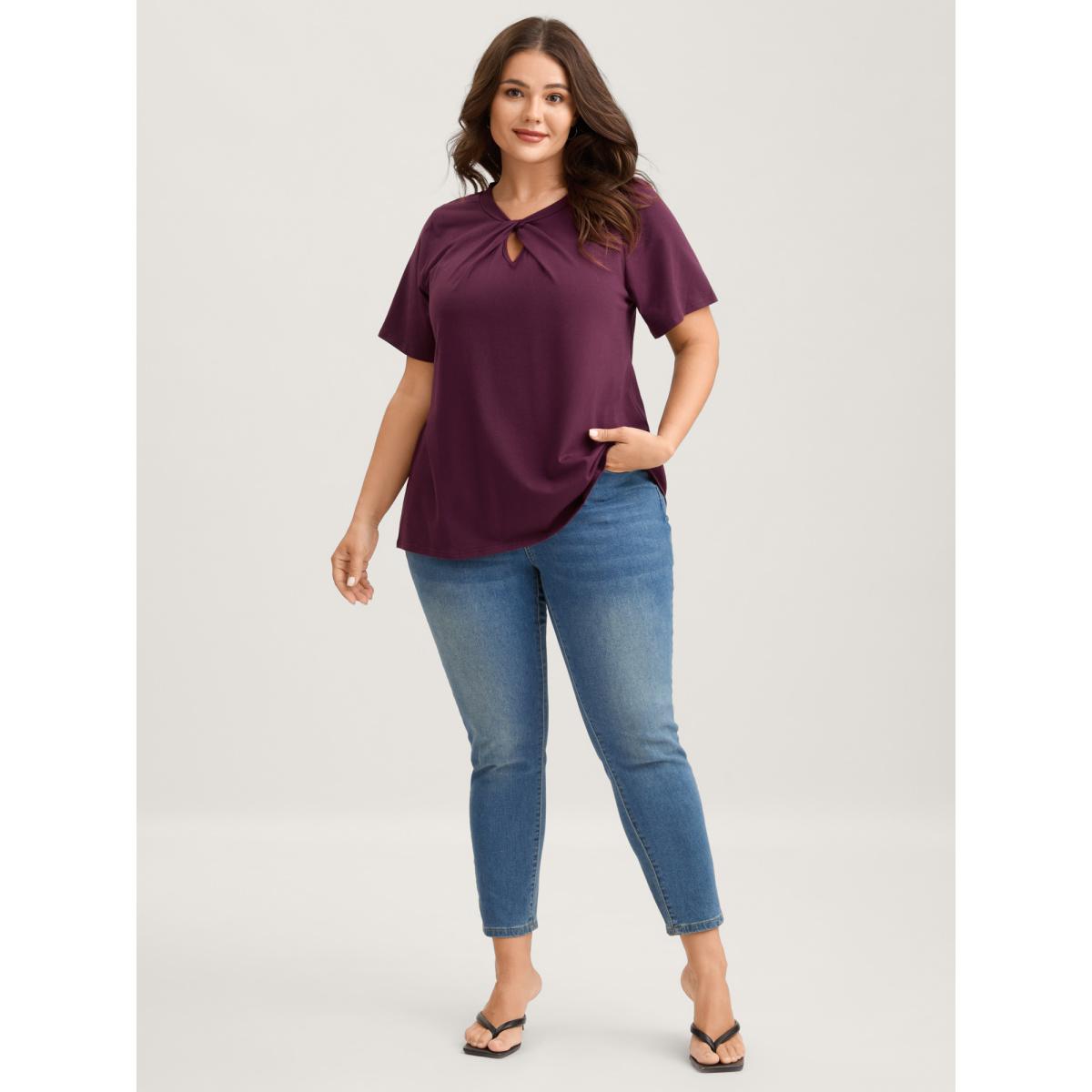 Plus Size Knotted Cut-Out Neckline Solid T-Shirt Eggplant Women Timeless Twist Round Neck Elegant T-shirts BloomChic 26/4X Product Image