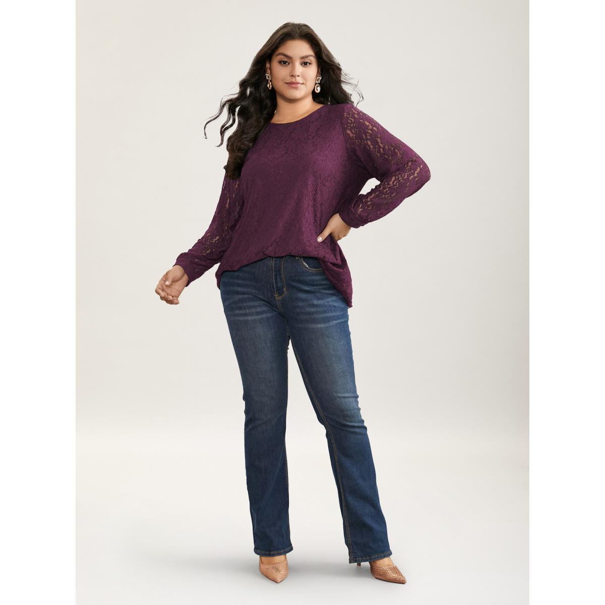 Plus Size Purple Solid Crochet Lace Mesh Crew Neck Blouse Women Timeless Long Sleeve Round Neck Elegant Blouses BloomChic 22-24/3X Product Image