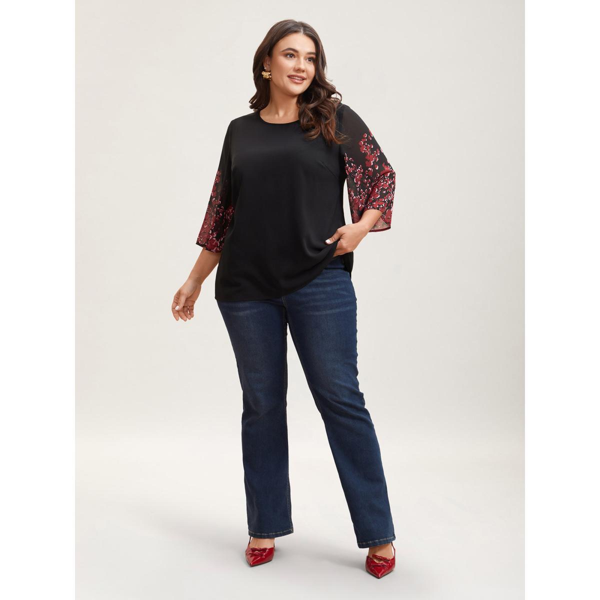 Plus Size Black Floral Spliced Round Neck Blouse Women Elegant Elbow-length sleeve Non Everyday Blouses BloomChic 18-20/2X Product Image