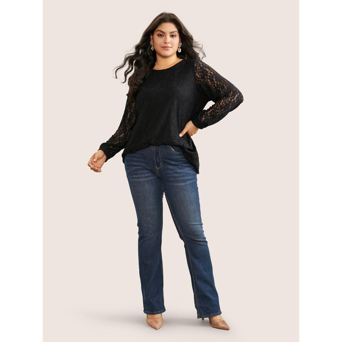 Plus Size Black Solid Crochet Lace Mesh Crew Neck Blouse Women Timeless Long Sleeve Round Neck Elegant Blouses BloomChic 30/6X Product Image