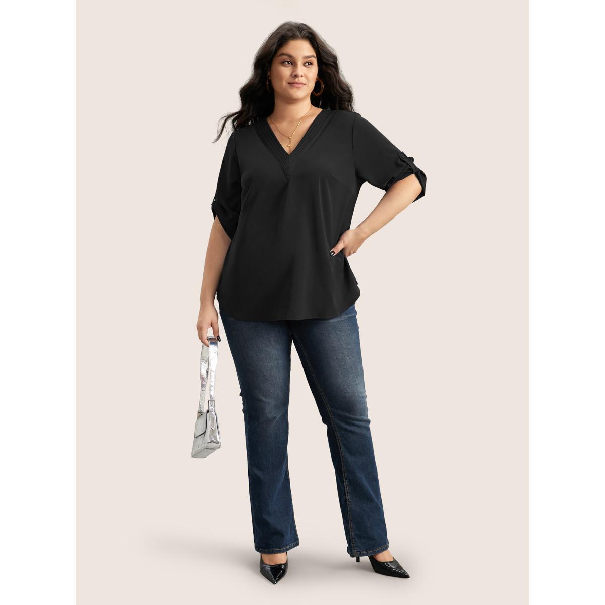 Plus Size Black V Neck Plain Pleated Tab Sleeve Blouse Women Office Elbow-length sleeve V-neck Office Blouses BloomChic 12/L Product Image