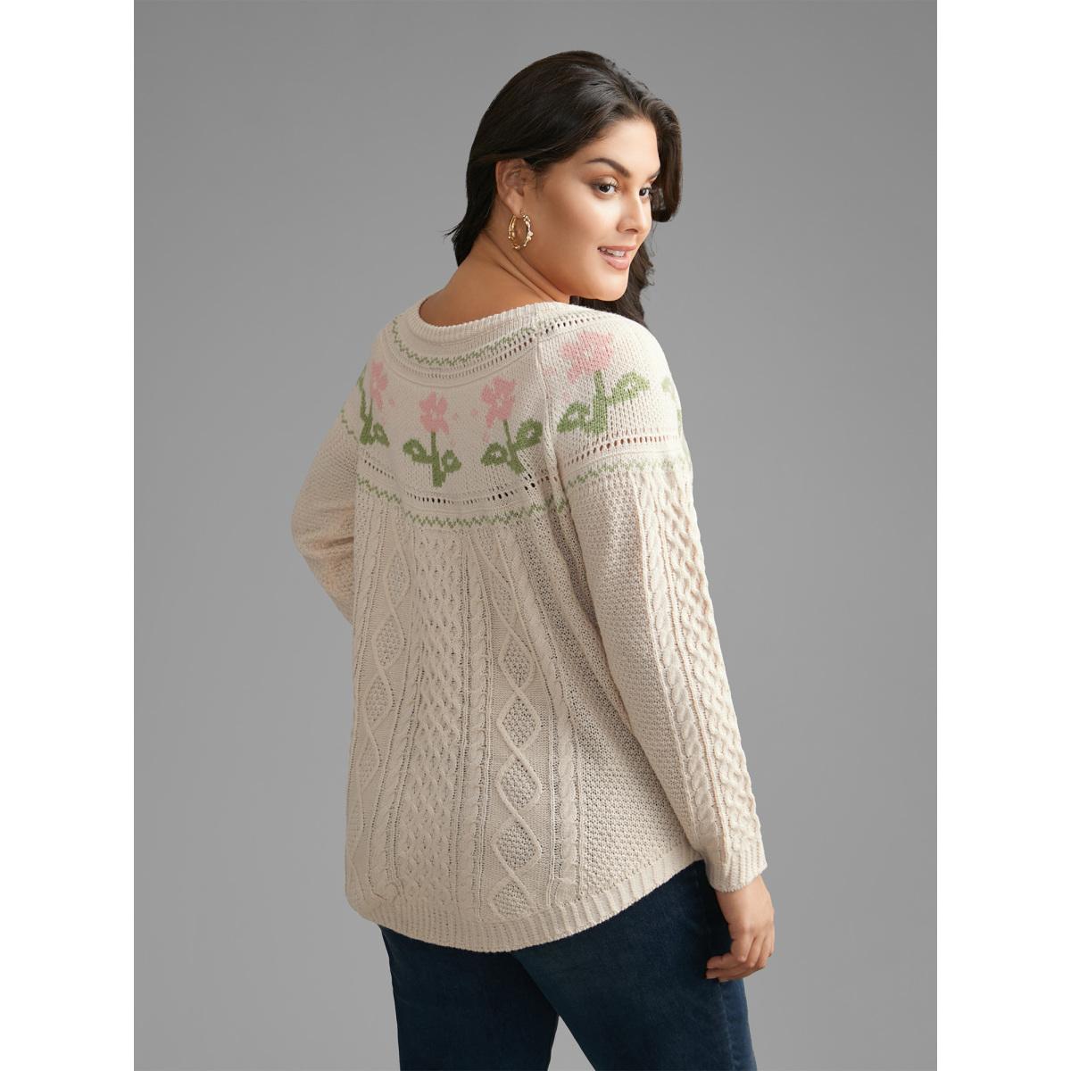 Plus Size Floral Jacquard Raglan Sleeve Pullover Apricot Women Leisure Long Sleeve Round Neck Casual Pullovers BloomChic 12/L Product Image