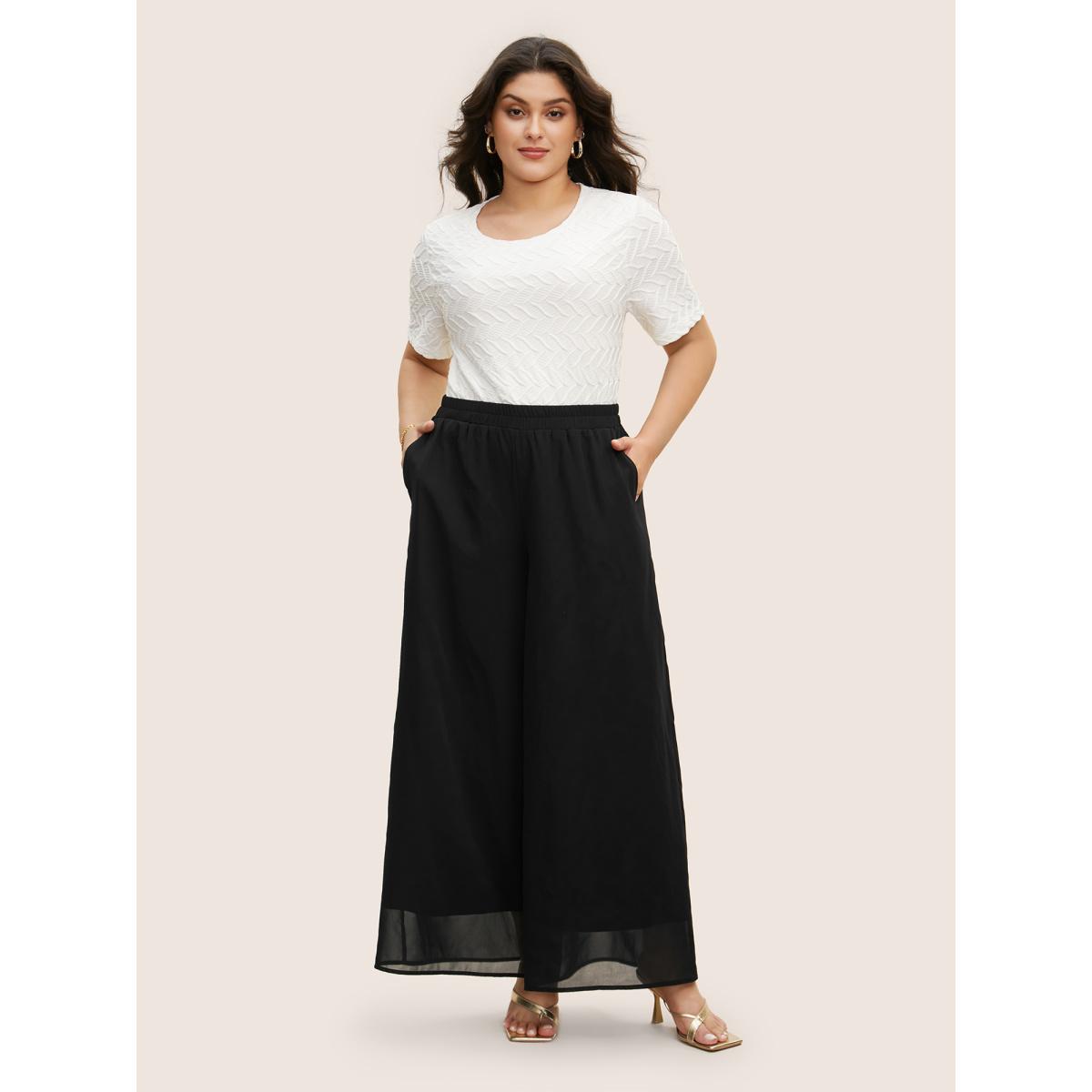 Plus Size Mid Rise Mesh Elastic Waist Wide Leg Pants Women Black Elegant Loose Mid Rise Everyday Pants BloomChic 22-24/3X Product Image