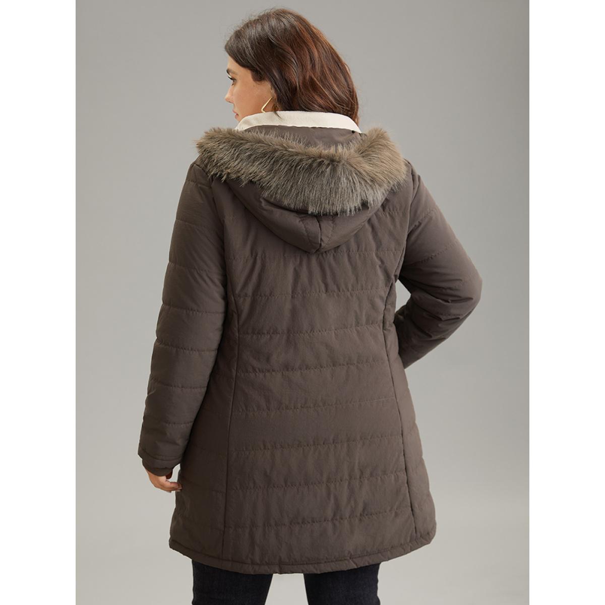 Plus Size Contrast Pocket Fuzzy Detail Zipper Fly Coat Women DarkBrown Casual Rib Knit Ladies Dailywear Winter Coats BloomChic 26/4X Product Image