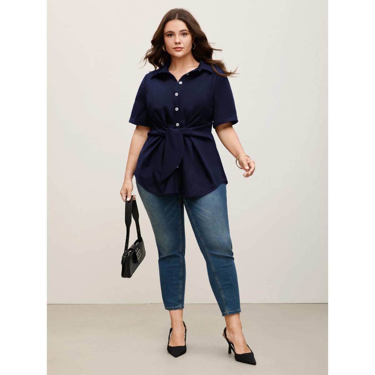 Plus Size Black Knotted Front Asymmetrical Hem Blouse Women Office Short sleeve Shirt collar Office Blouses BloomChic 14-16/1X Product Image