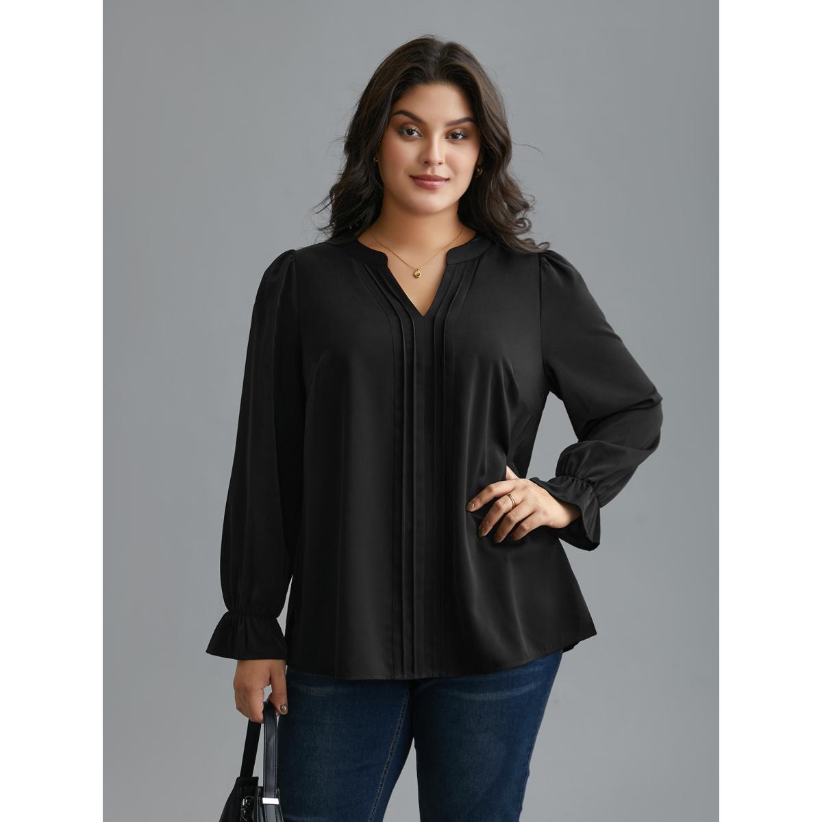 Plus Size Black Notched Collar Pleated Lantern Sleeve Blouse Women At the Office Long Sleeve Notched collar Work Blouses BloomChic 22-24/3X Product Image