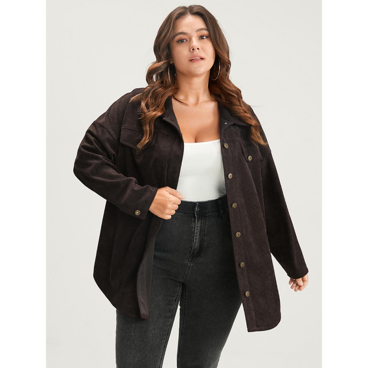 Plus Size Solid Button Up Pocket Corduroy Coat Women DarkBrown Casual Button Ladies Dailywear Winter Coats BloomChic 22-24/3X Product Image