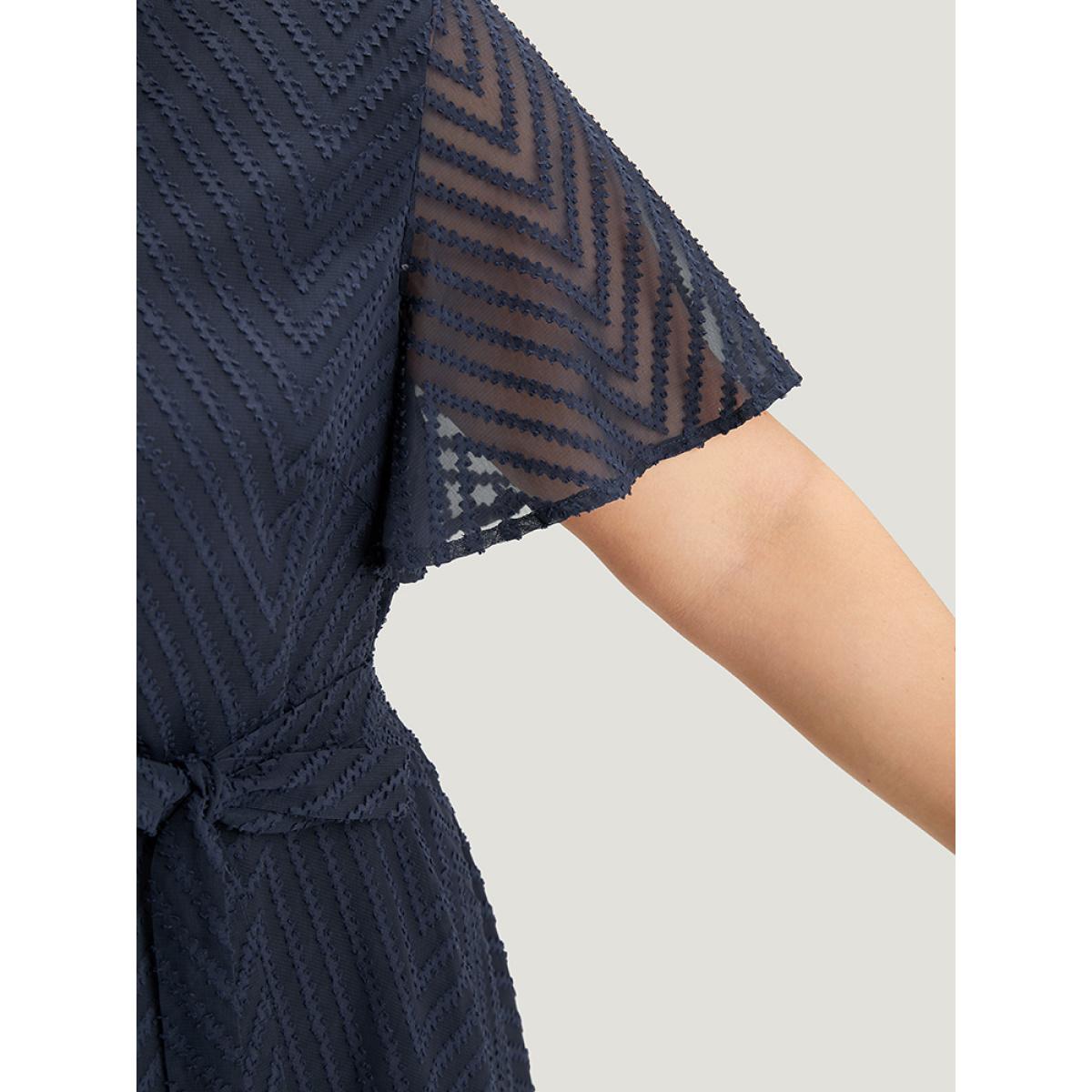 Plus Size Indigo Plain Textured Belted Wrap Mesh Flutter Sleeve Blouse Women Elegant Short sleeve V-neck Dailywear Blouses BloomChic 28/5X Product Image