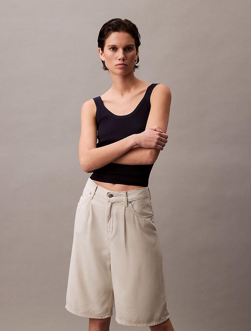 Pleated Relaxed Bermuda Denim Shorts Product Image