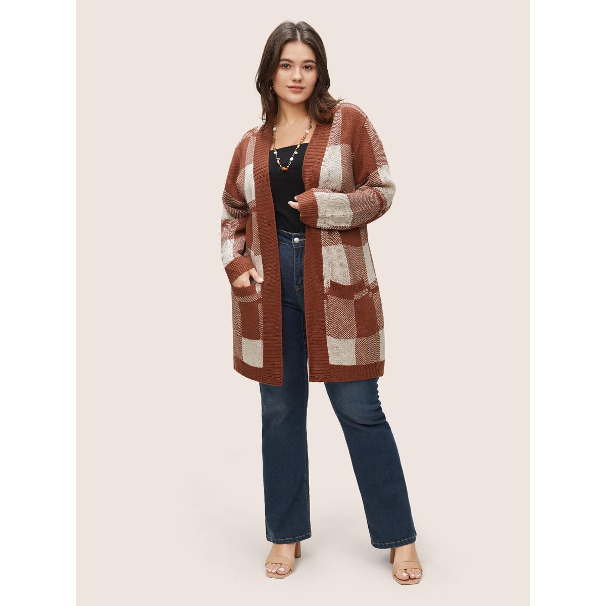 Plus Size Contrast Colorblock Pocket Open Front Cardigan Brown Women Casual Loose Long Sleeve Dailywear Cardigans BloomChic 28/5X Product Image