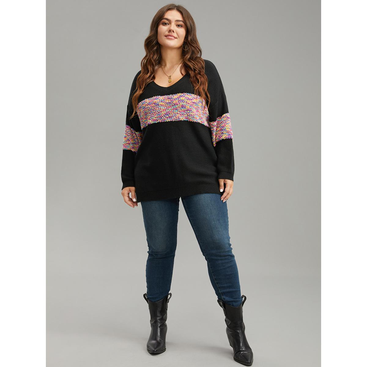 Plus Size Colour Heather Contrast V Neck Pullover Black Women Casual Loose Long Sleeve V-neck Dailywear Pullovers BloomChic 14-16/1X Product Image