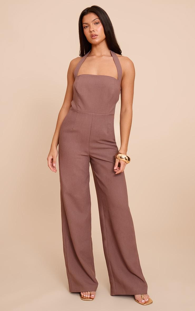 Chocolate Premium Woven Halter Neck Wide Leg Jumpsuit Product Image