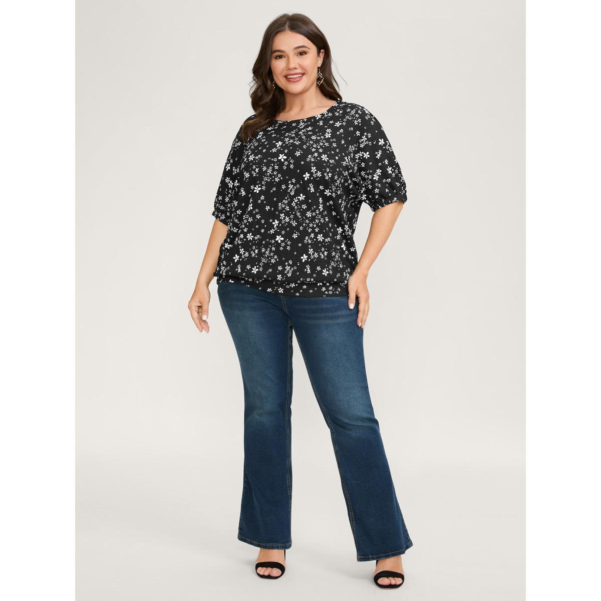 Plus Size Black Floral Print Textured Puffy Sleeve Blouse Women Timeless Half Sleeve Round Neck Elegant Blouses BloomChic 22-24/3X Product Image