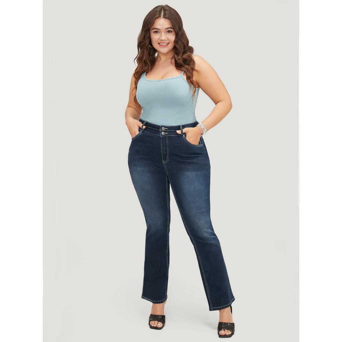 Plus Size Very Stretchy High Rise Dark Wash Contrast Stitching Jeans Women DarkBlue Casual Plain High stretch Pocket Jeans BloomChic 10/M Product Image