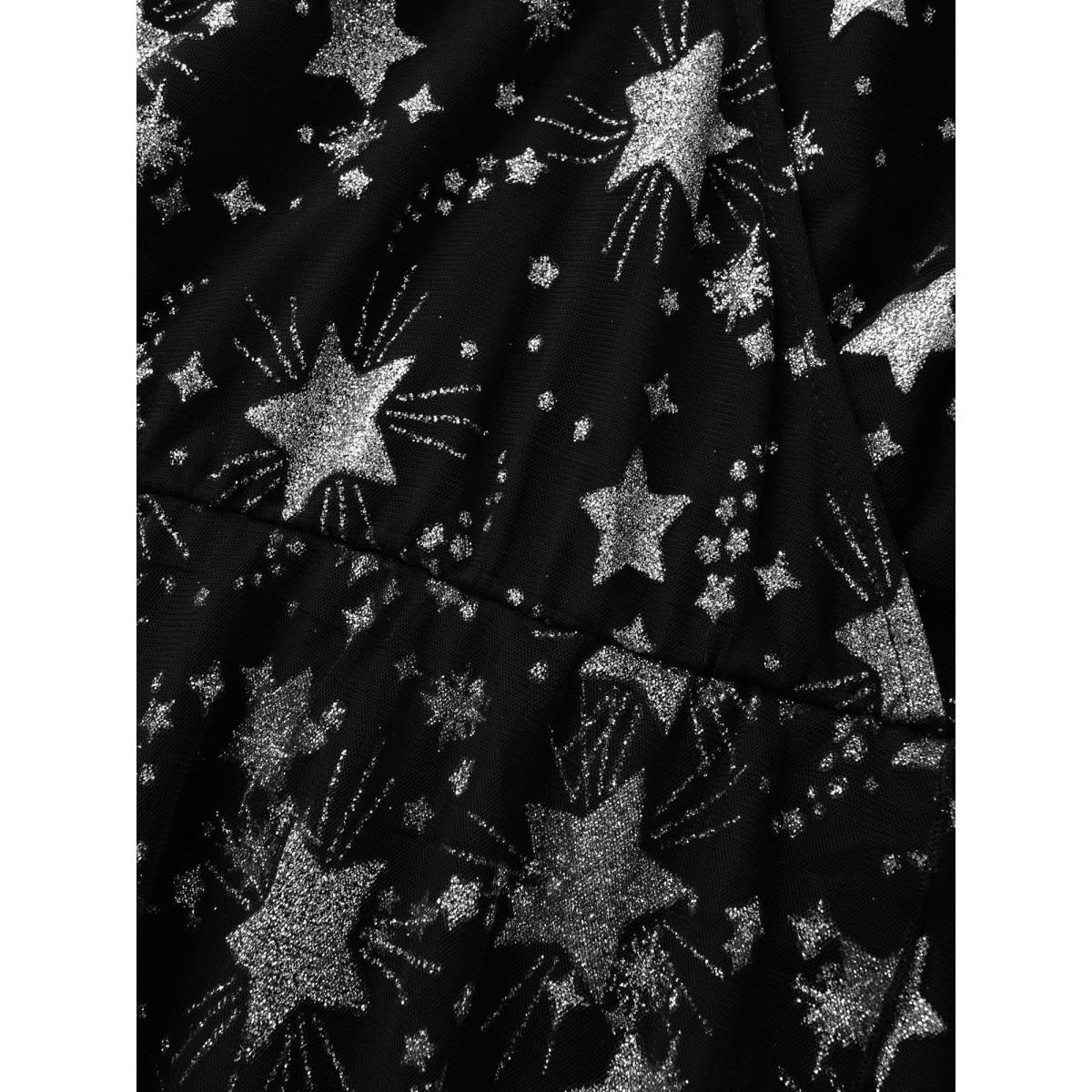 Plus Size Glitter Star Mesh Patchwork Ruffle Sleeve Dress Black Women Resort Gathered Overlap Collar Short sleeve Curvy BloomChic 30/6X Product Image