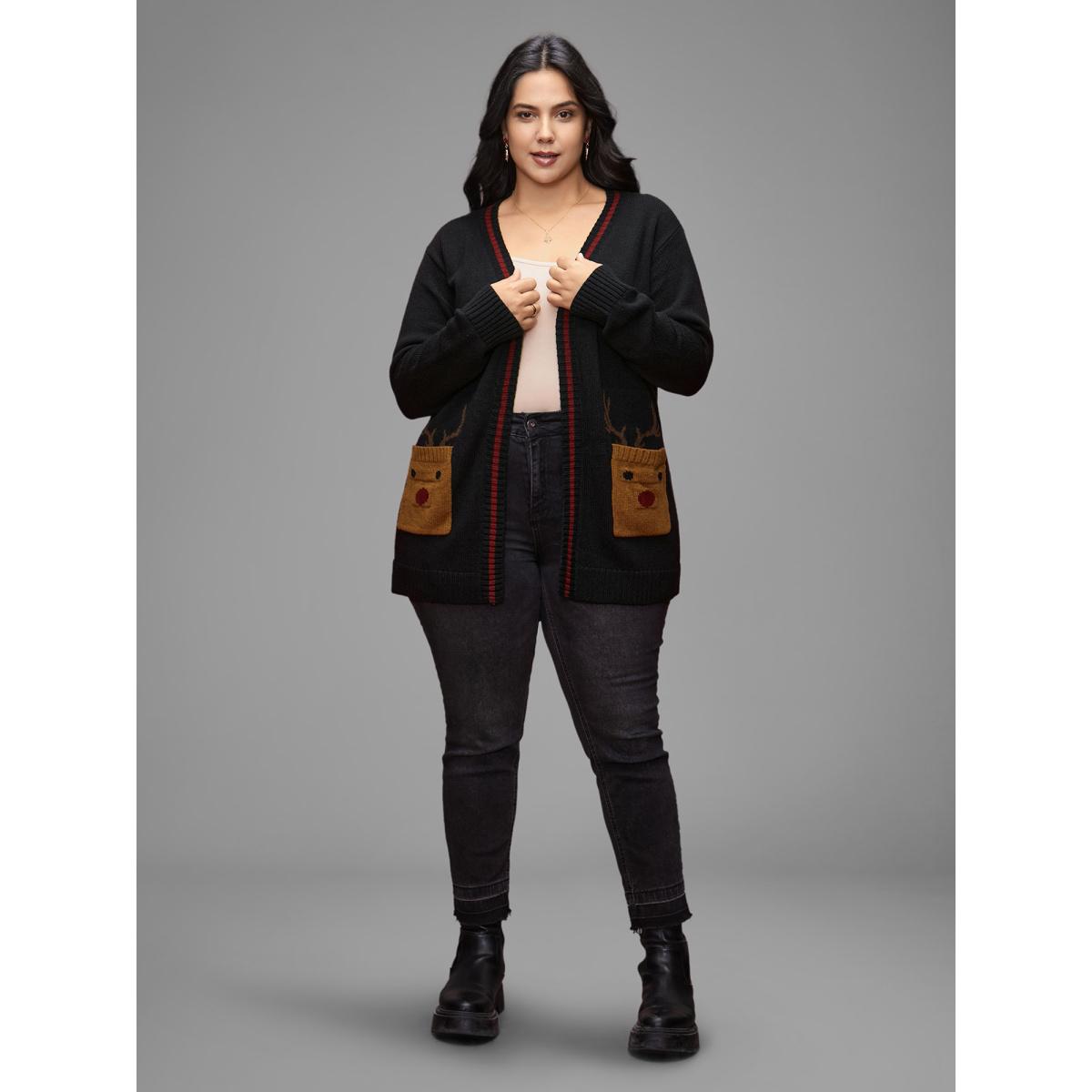 Plus Size Reindeer Pockets Contrast Placket Open Cardigan Black Women Casual Loose Long Sleeve Everyday Cardigans BloomChic 10/M Product Image