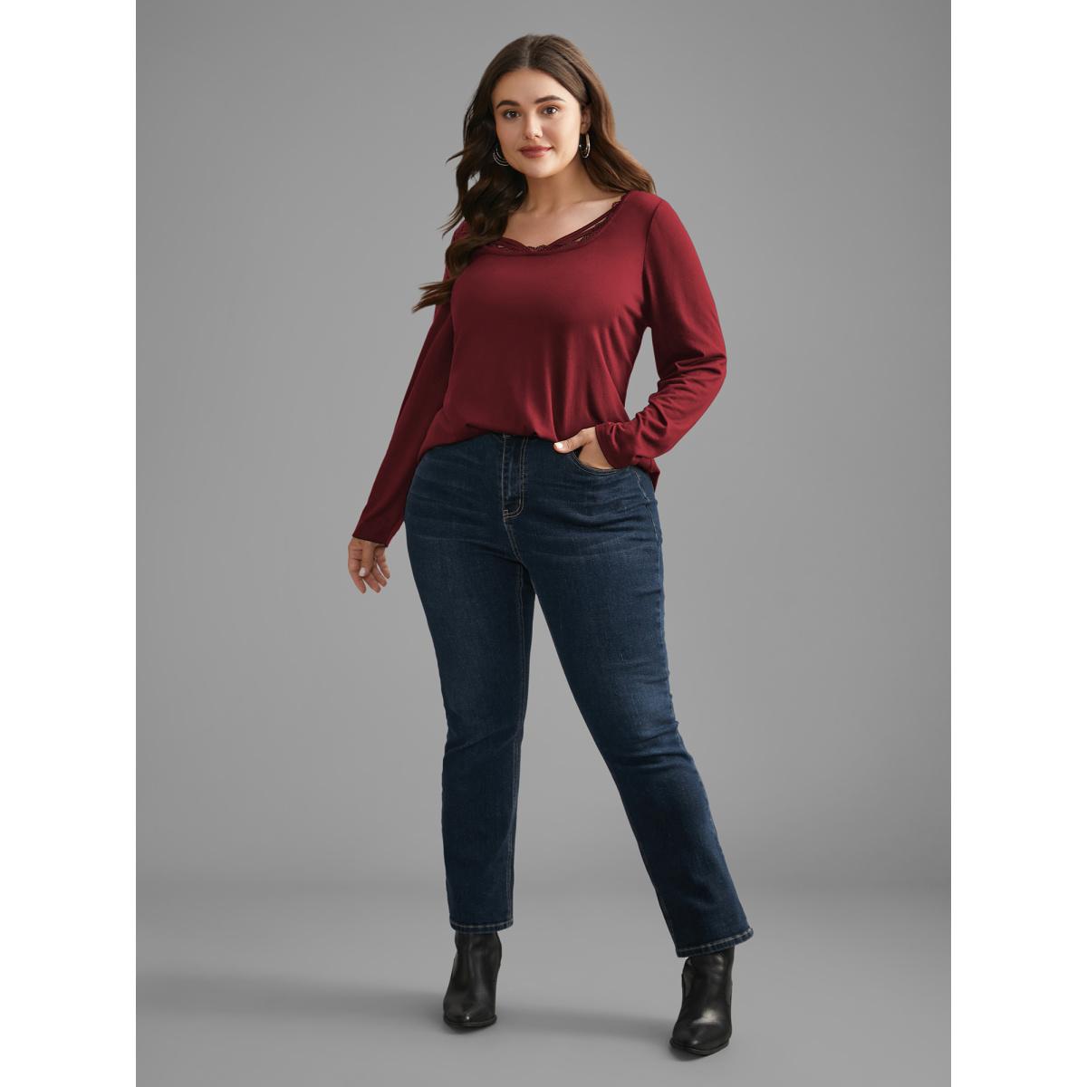Plus Size Plain Lace Patchwork Crisscross T-shirt Burgundy Women Casual Patchwork U-neck Everyday T-shirts BloomChic 28/5X Product Image