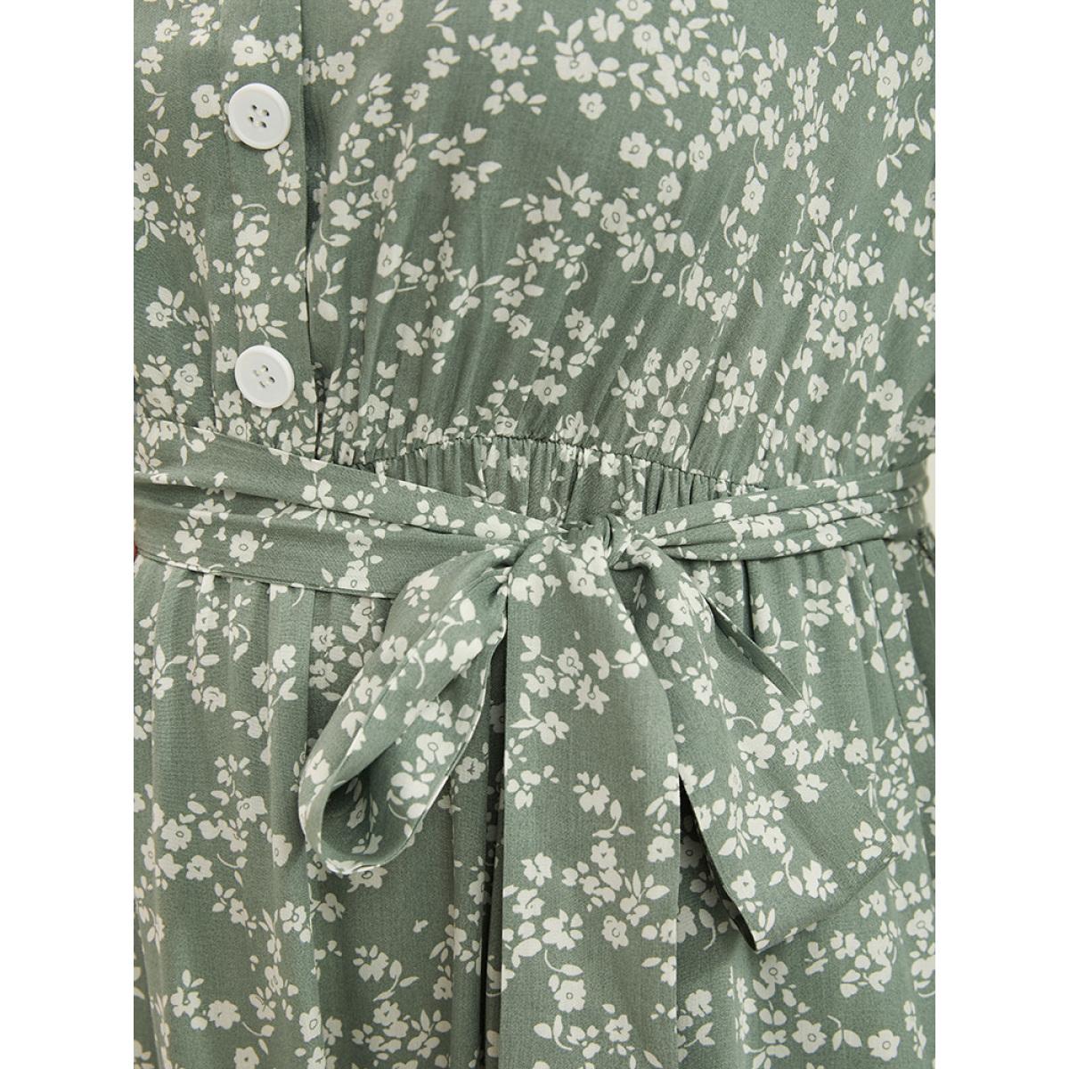 Plus Size Ditsy Floral Lantern Sleeve Pocket Button Through Belted Midi Dress Sage Women Elegant Button V-neck Long Sleeve Curvy Midi Dress BloomChic 12/L Product Image