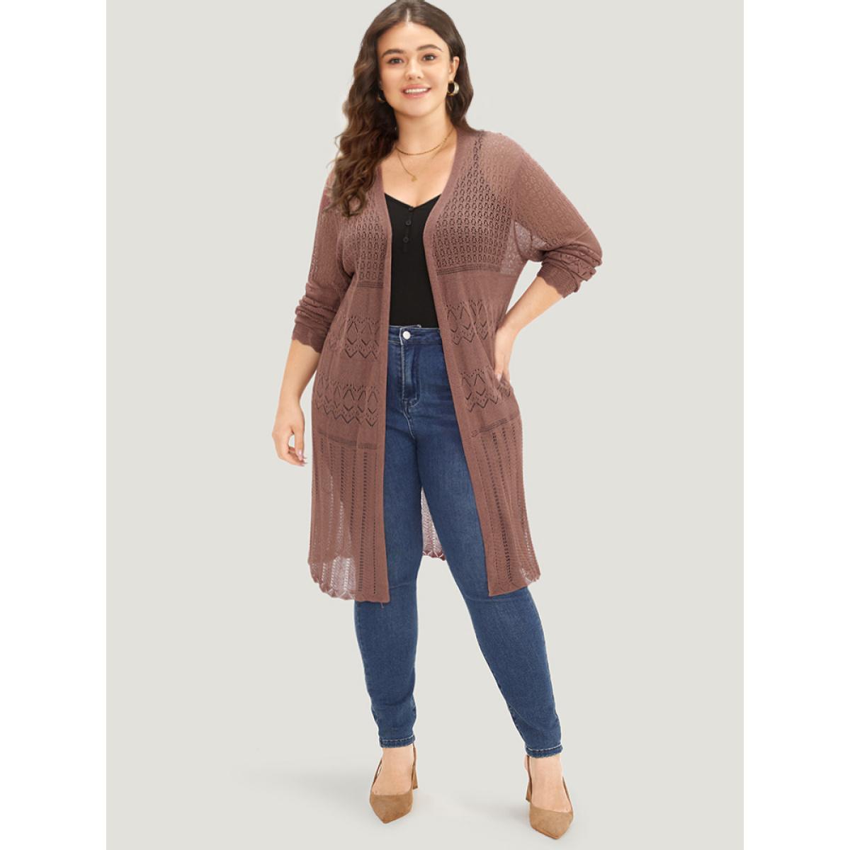 Plus Size Geometric Eyelet Open Front Maxi Cardigan Rust Women Casual Loose Long Sleeve Everyday Cardigans BloomChic 26/4X Product Image