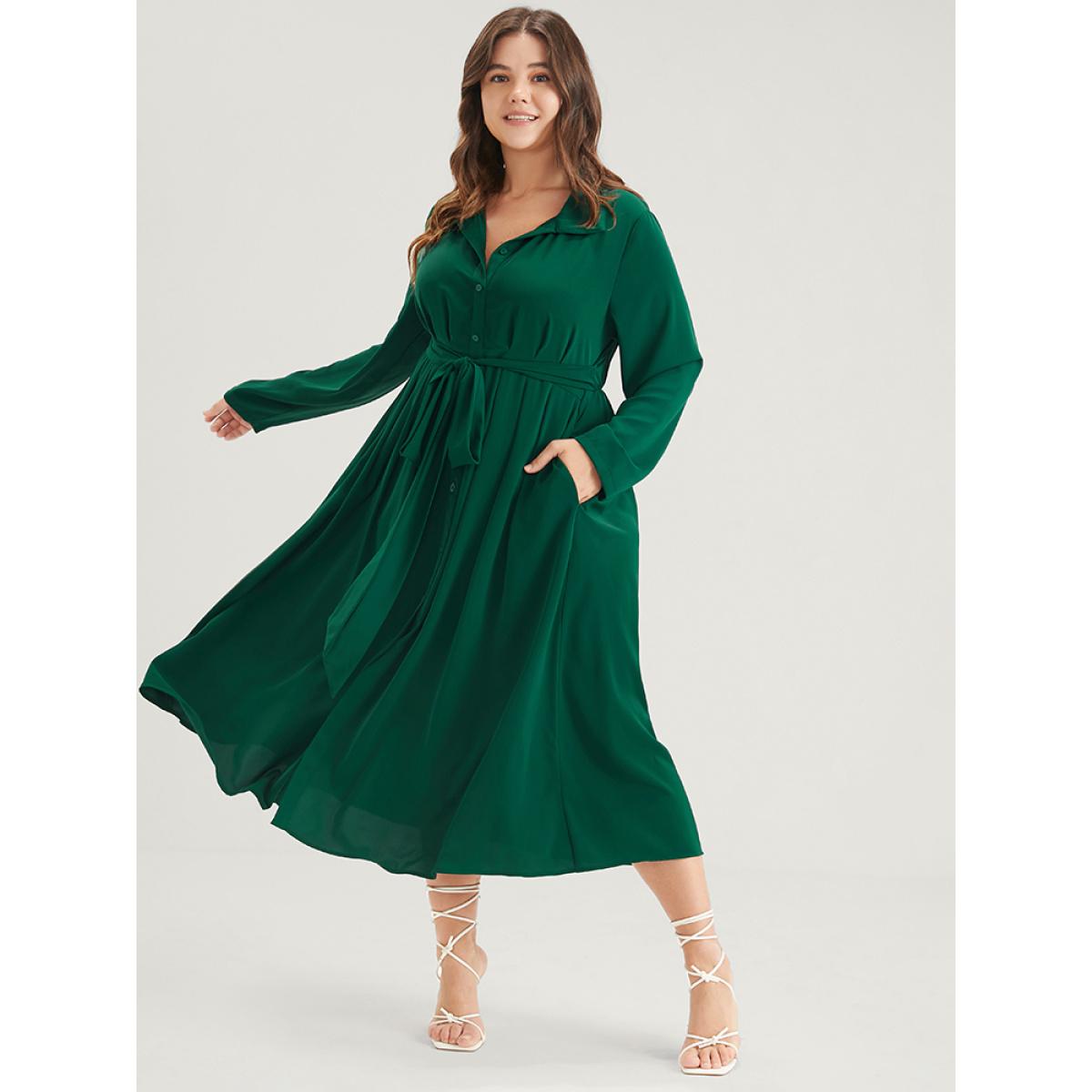 Plus Size Solid Button Pocket Flutter Knotted Shirt Collar Midi Dress DarkGreen Women Office Cross straps Shirt collar Long Sleeve Curvy Midi Dress BloomChic 28/5X Product Image