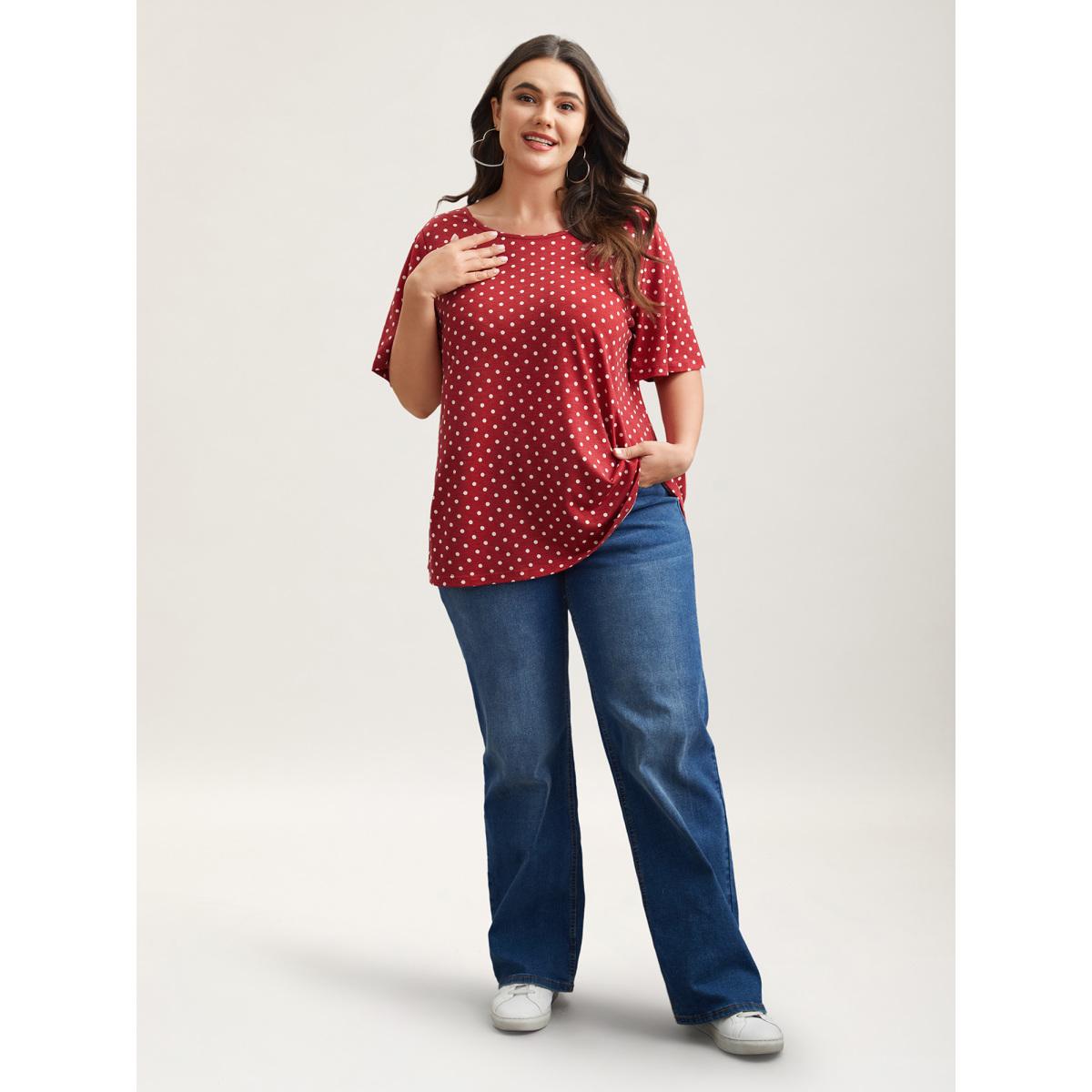 Plus Size Polka Dot Back-Tie Flared Sleeve T-Shirt Raspberry Women Casual Gathered Round Neck Everyday T-shirts BloomChic 18-20/2X Product Image