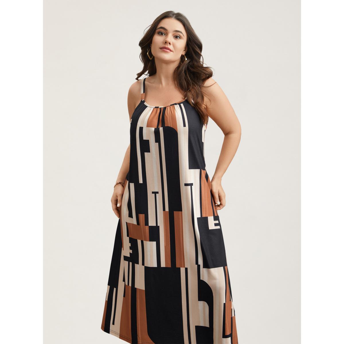 Plus Size Abstract Print Pockets Cami Midi Dress Multicolor Women Casual Gathered Round Neck Sleeveless Curvy BloomChic 14-16/1X Product Image