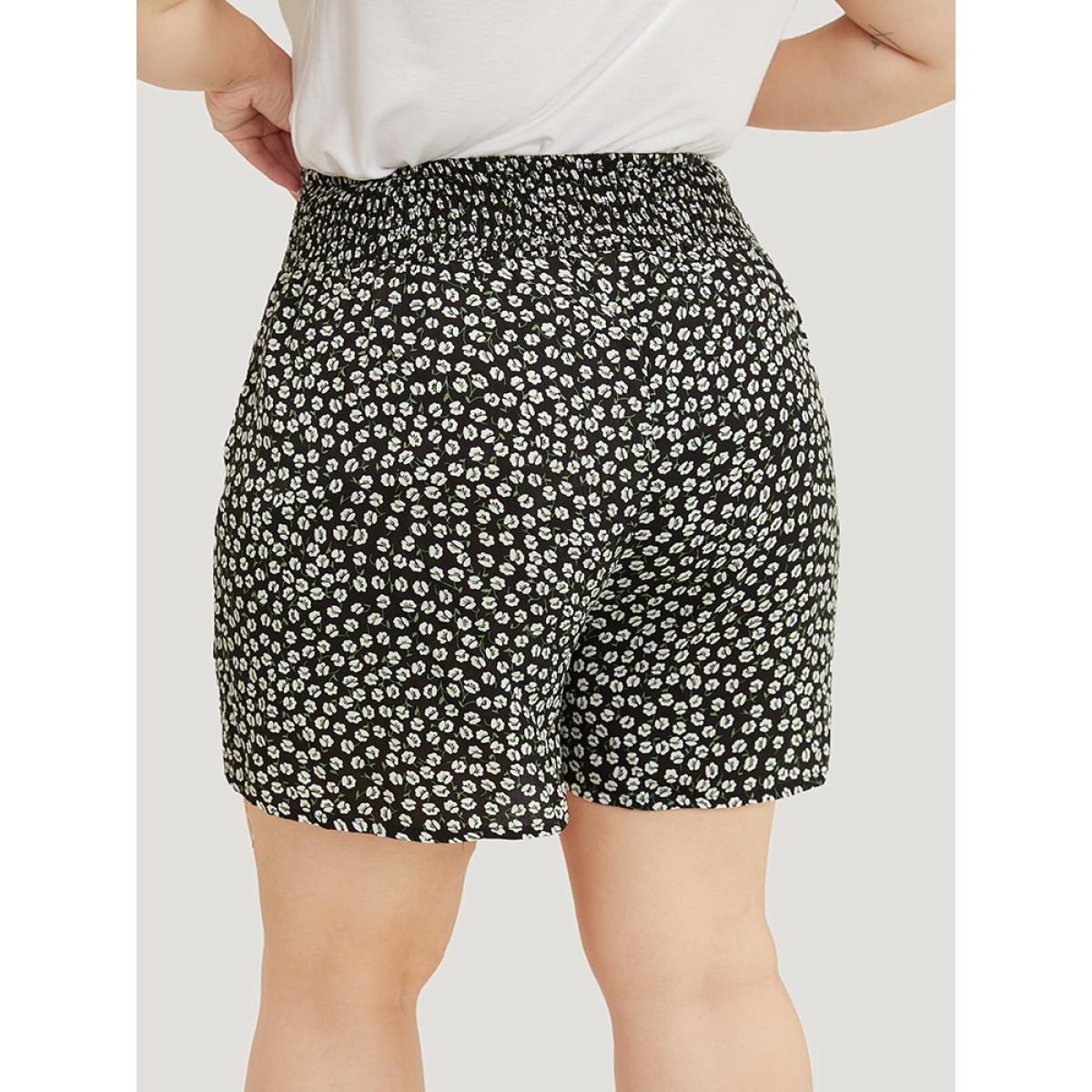 Plus Size Ditsy Floral Pocket Shirred Waist Shorts Women BlackFlower Elegant Shirred Dailywear Shorts BloomChic 14-16/1X Product Image