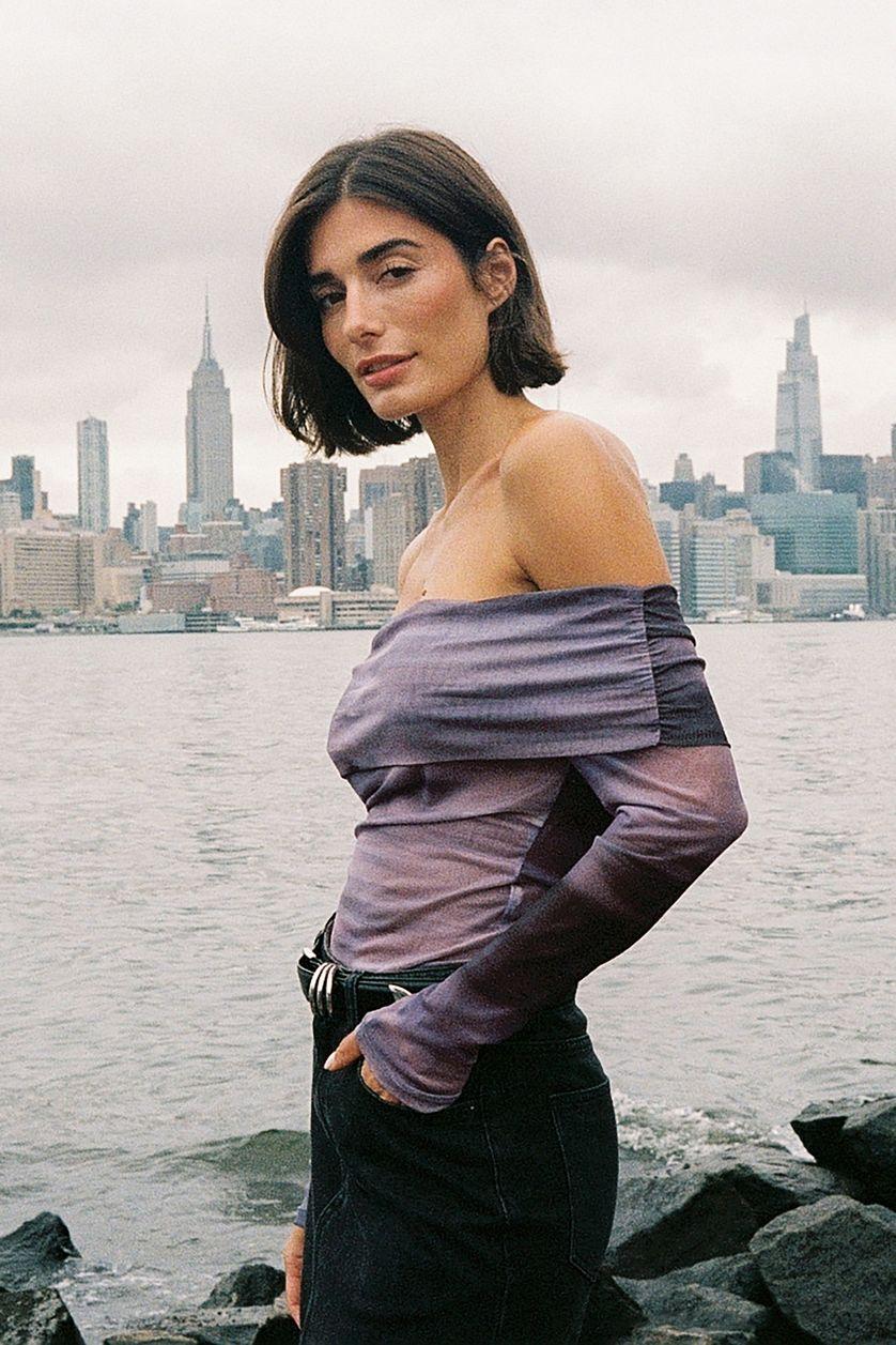 Off Shoulder Mesh Top Purple Product Image