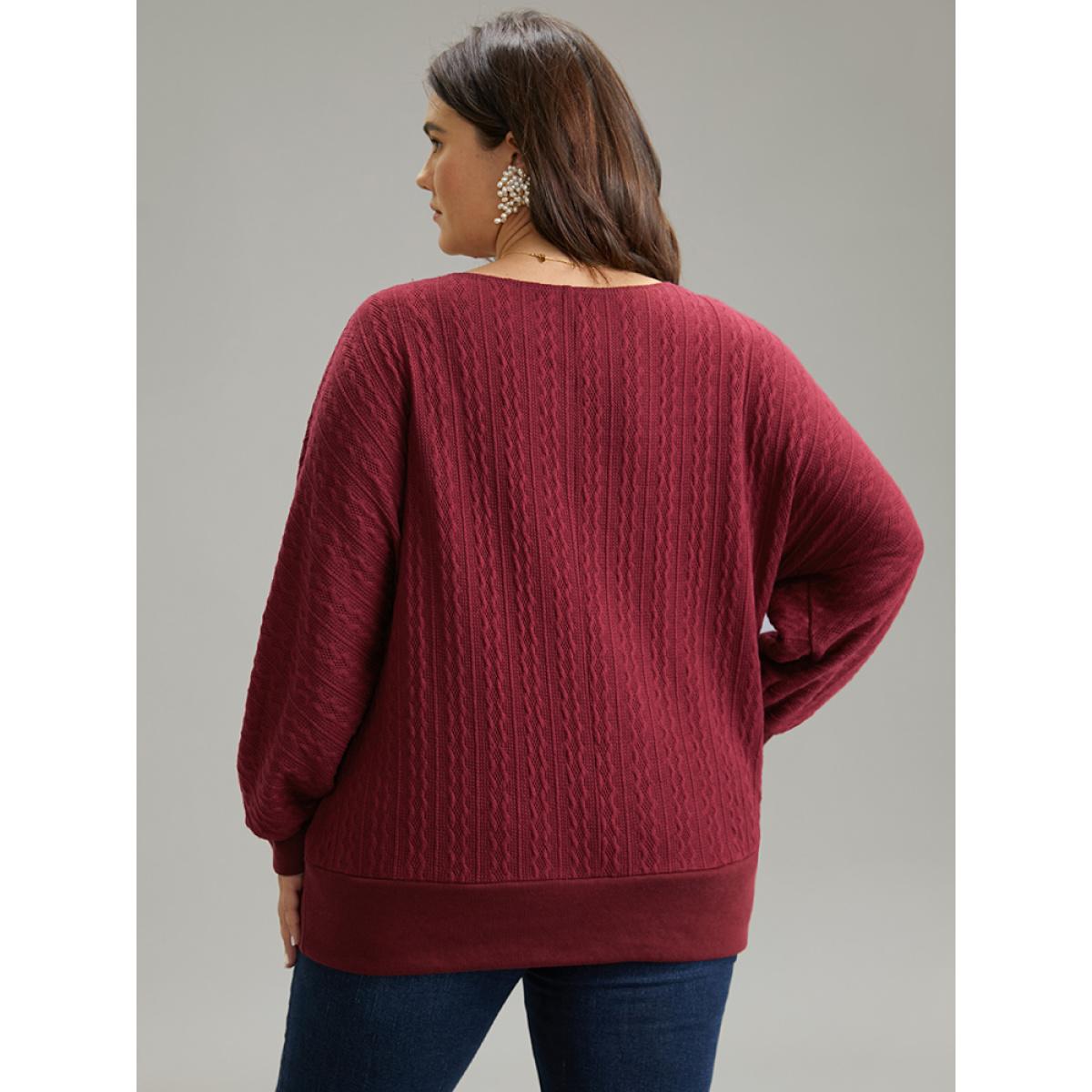 Plus Size Solid Rib Knit V Neck Sweatshirt Women Burgundy Casual Rib Knit V-neck Dailywear Sweatshirts BloomChic 12/L Product Image