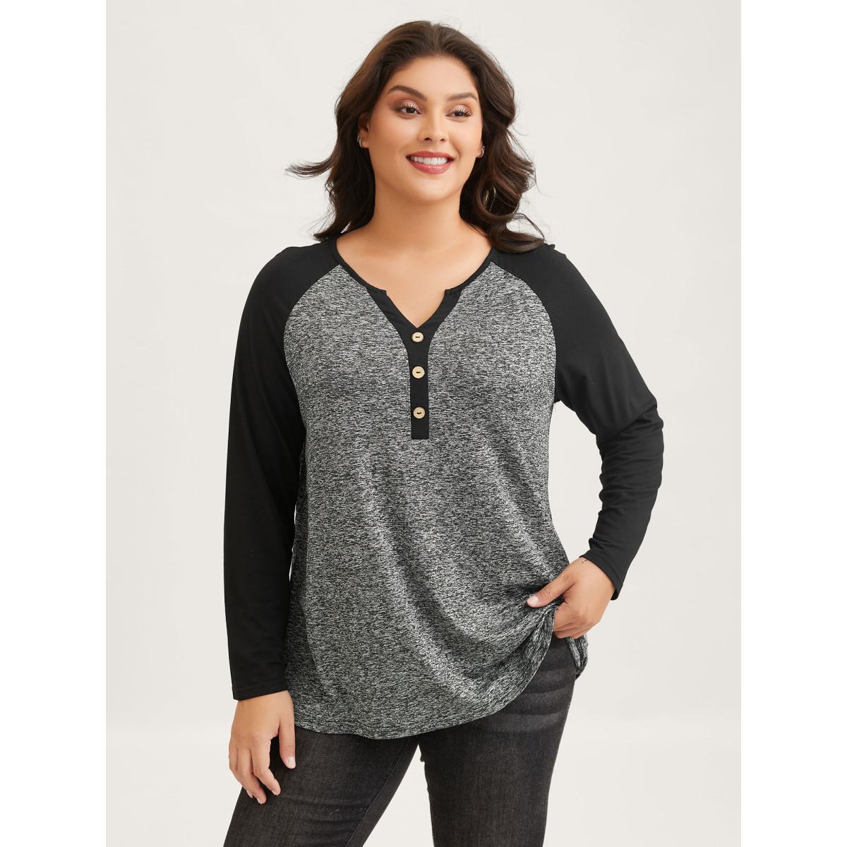 Plus Size Heather Patchwork Button Detail Stretchy T-Shirt DarkGray Women Casual Contrast Flat collar with V-notch Everyday T-shirts BloomChic 22-24/3X Product Image