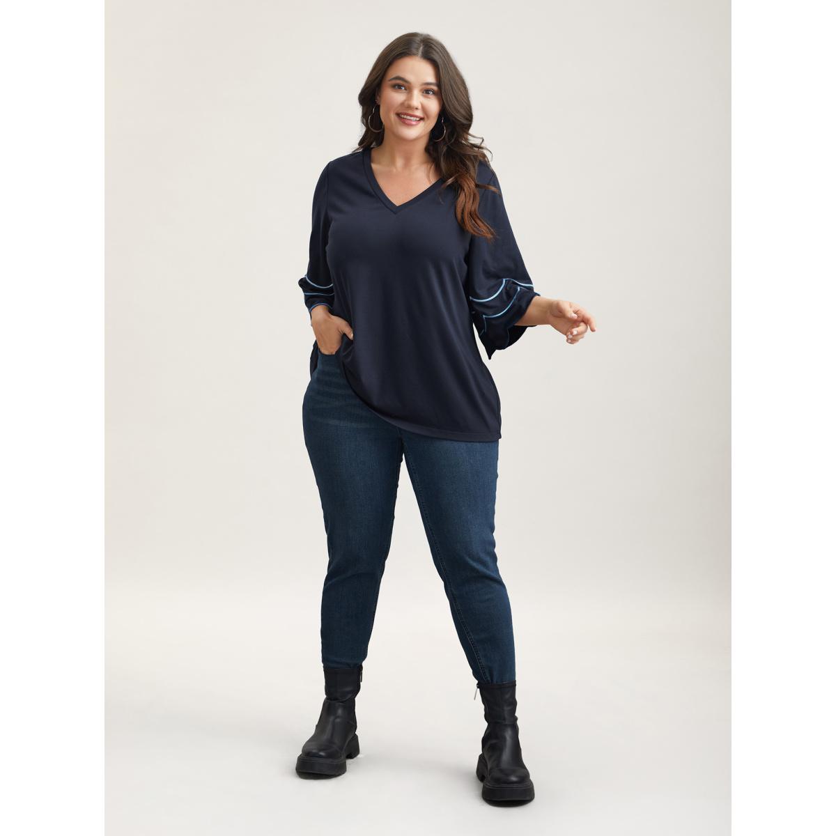 Plus Size Embroidered Trumpet Sleeve V-Neck T-Shirt Indigo Women Casual Embroidered V-neck Everyday T-shirts BloomChic 22-24/3X Product Image