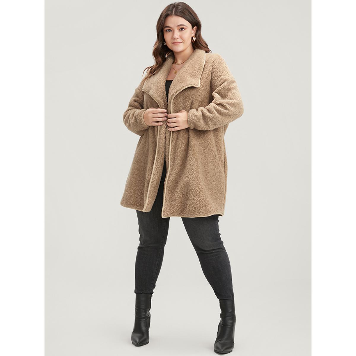 Plus Size Solid Pocket Open Front Teddy Coat Women LightBrown Casual Plain Loose Ladies Dailywear Winter Coats BloomChic 14-16/1X Product Image