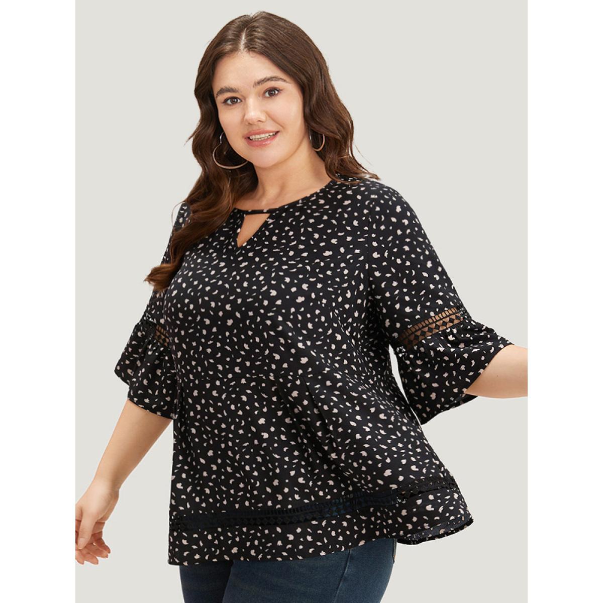 Plus Size Black Leopard Print Flutter Sleeve Keyhole Hollow Out Blouse Women Elegant Half Sleeve Keyhole Cut-Out Dailywear Blouses BloomChic 26/4X Product Image