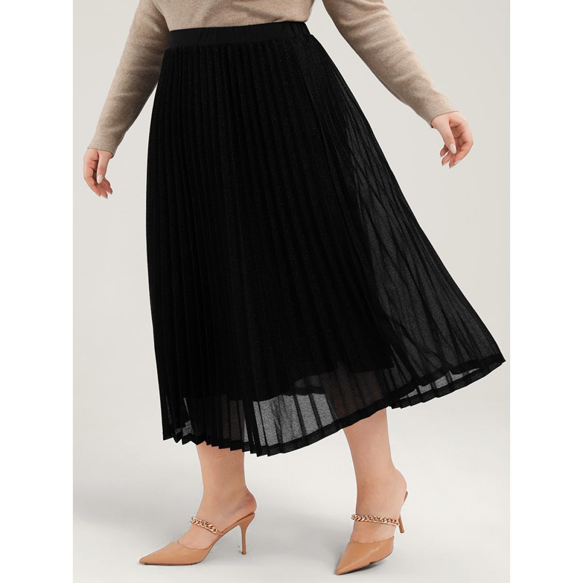 Plus Size Solid Pleated Mesh Elastic Waist Skirt Women Black Glamour Pleated No stretch Going out Skirts BloomChic 30/6X Product Image