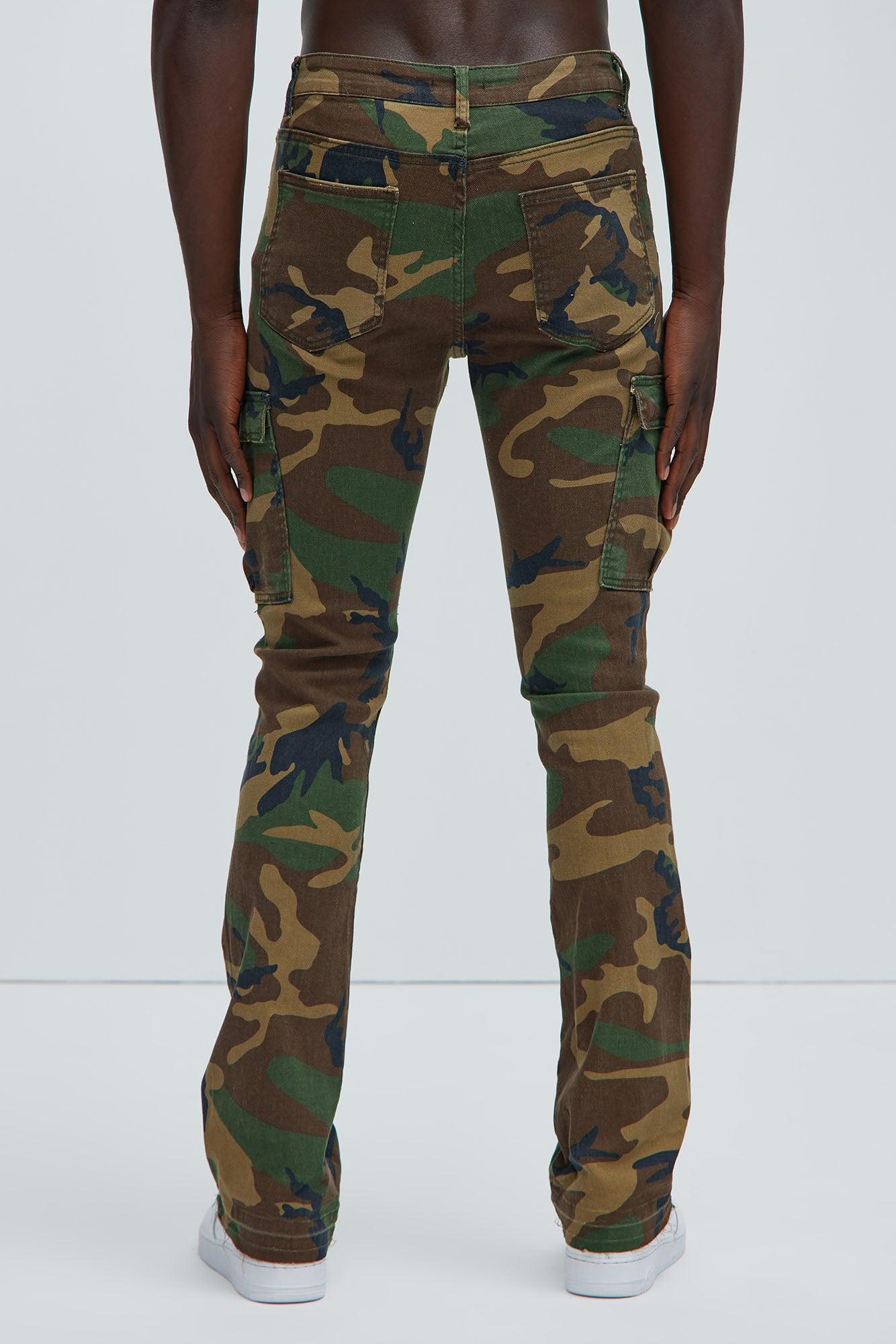 Ruthless Embroidered Stacked Skinny Cargo Flare Pants - Camouflage Product Image