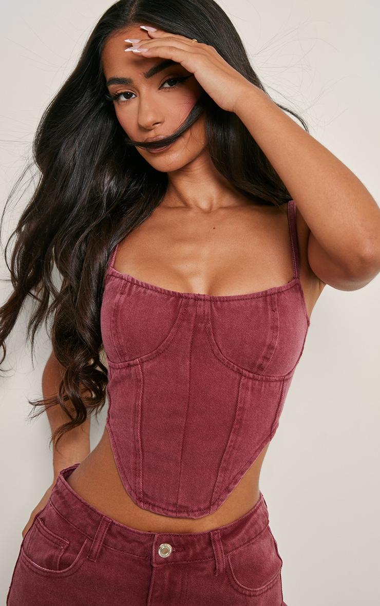 Petite Burgundy Dipped Hem Denim Corset Top Product Image