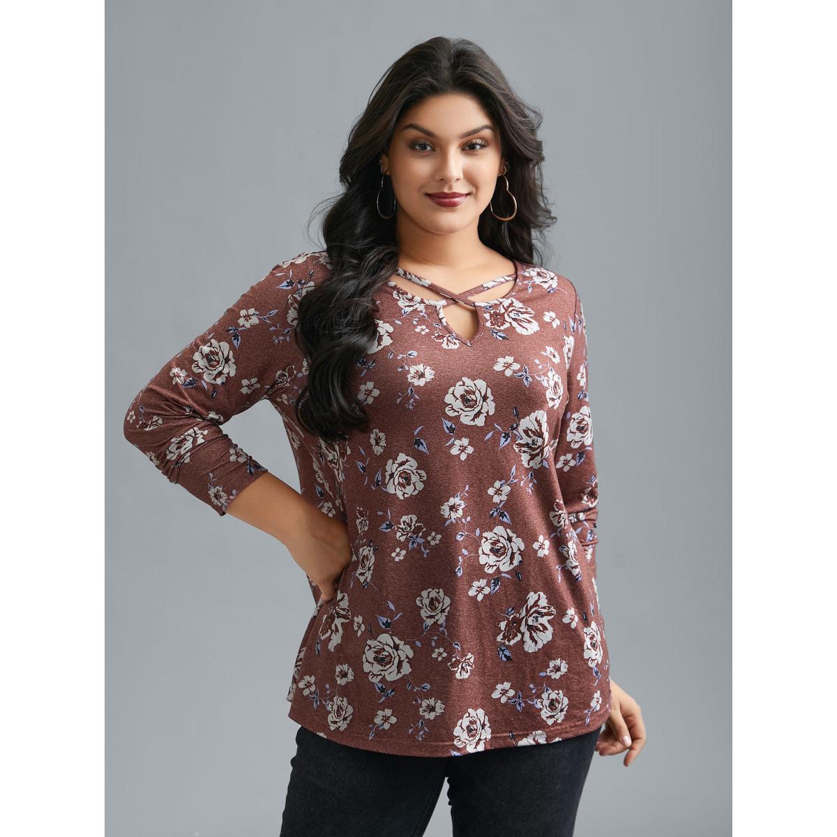 Plus Size Notched Collar Floral Crisscross T-Shirt Scarlet Women Leisure Cut-Out Natural Flowers Notched collar Casual T-shirts BloomChic 18-20/2X Product Image