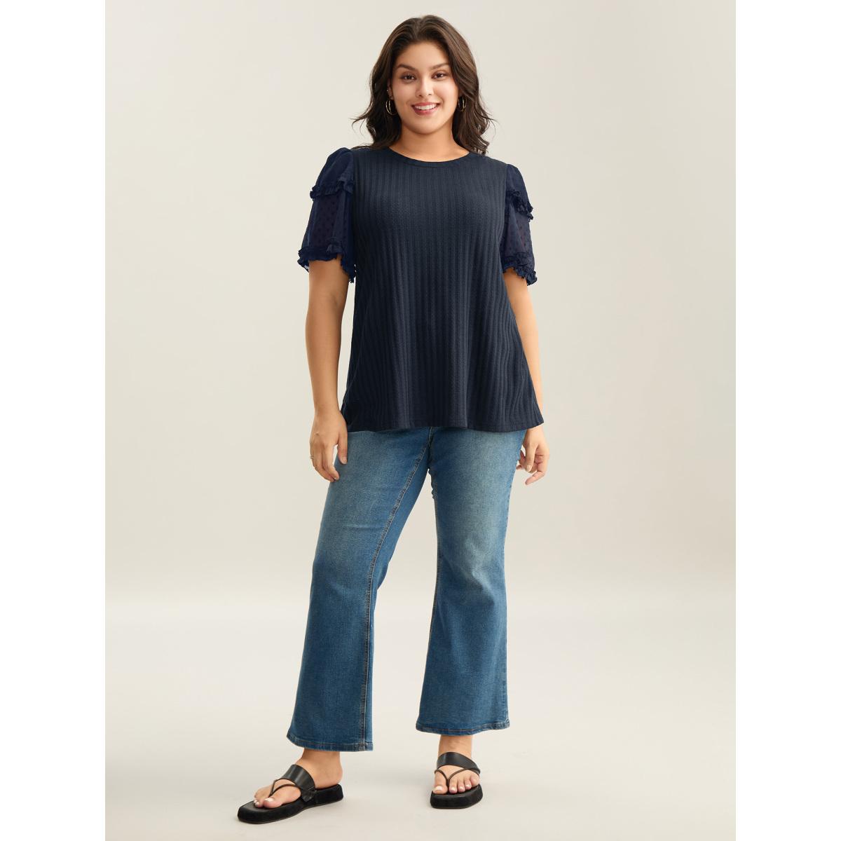 Plus Size Textured Pit Strip Layered Sleeve Sheer T-Shirt Indigo Women Texture Round Neck Everyday-Casual T-shirts BloomChic 12/L Product Image