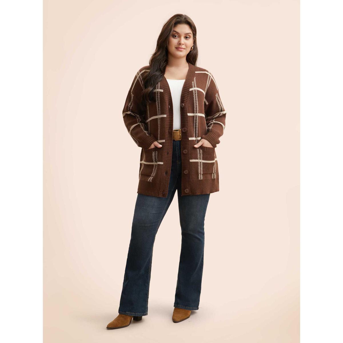 Plus Size Plaid Button Up Pocket Cardigan Browncoffeecolor Women Leisure Loose Long Sleeve Casual Cardigans BloomChic 18-20/2X Product Image