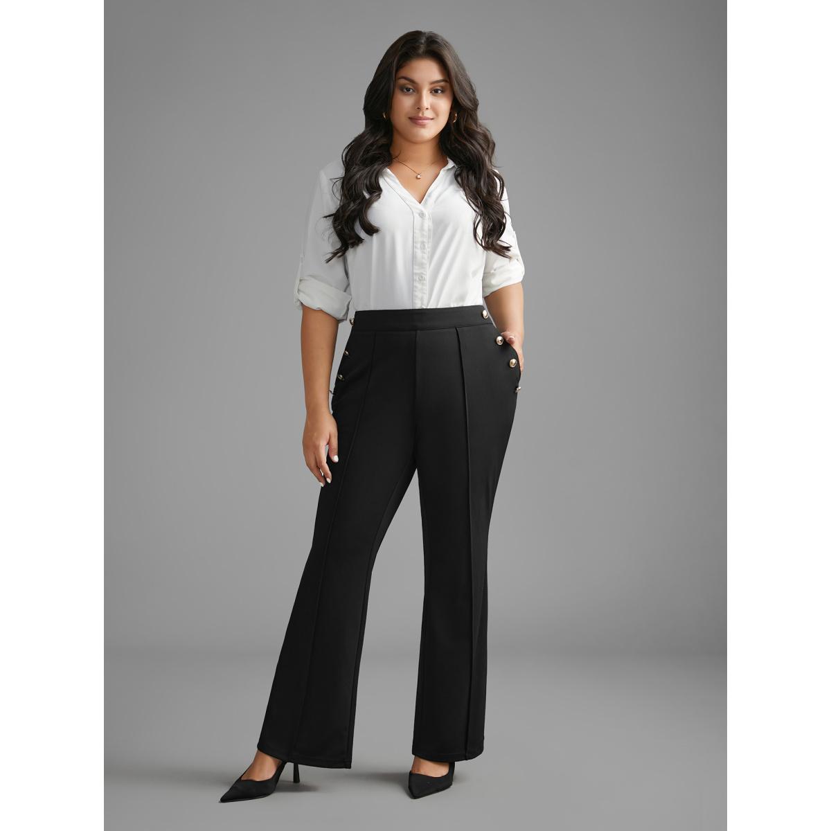Plus Size Stretchy Woven Button Detail Bootcut Pants Women Black At the Office Bootcut Mid Rise Office Pants BloomChic 18-20/2X Product Image