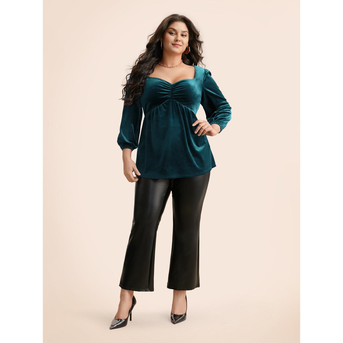 Plus Size DarkGreen Velvet Heart Neckline Gathered Blouse Women Timeless Three Quarter Length Sleeve Heart neckline Elegant Blouses BloomChic 10/M Product Image