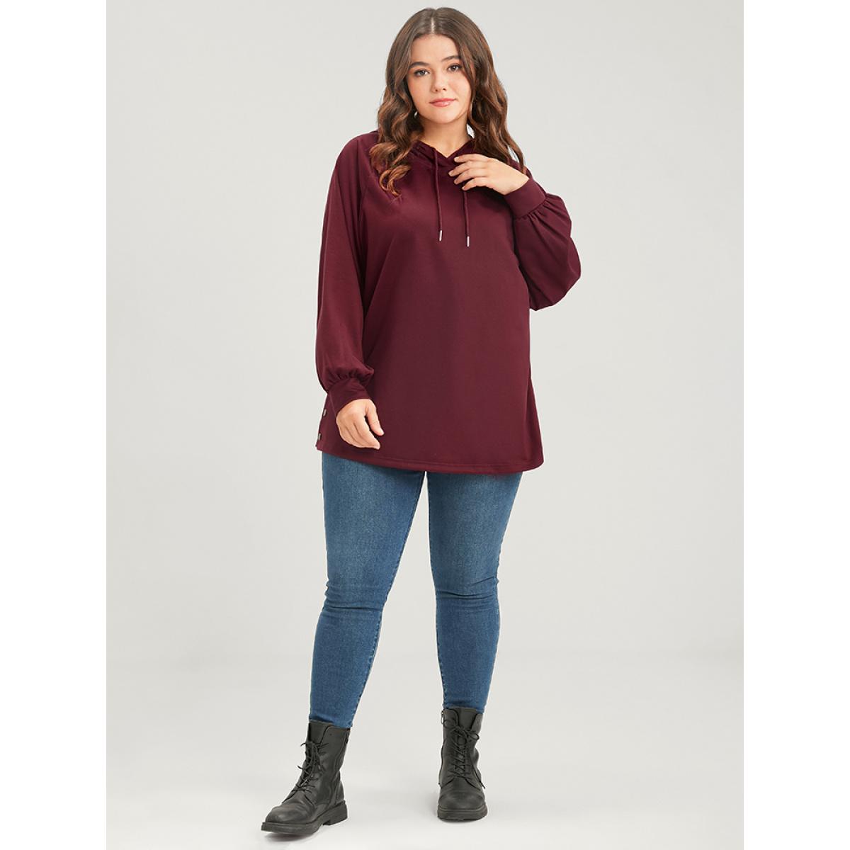 Plus Size Solid Button Side Drop Shoulder Hooded Sweatshirt Women Scarlet Casual Button Hooded Dailywear Sweatshirts BloomChic 18-20/2X Product Image