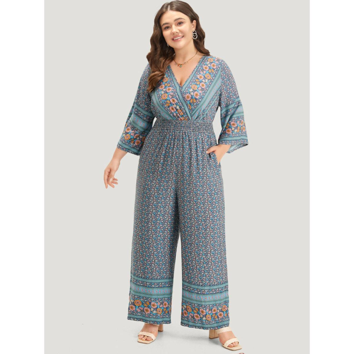 Plus Size Blue Floral Print Shirred Overlap Collar Jumpsuit Women Resort Elbow-length sleeve V-neck Vacation Loose Jumpsuits BloomChic 22-24/3X Product Image