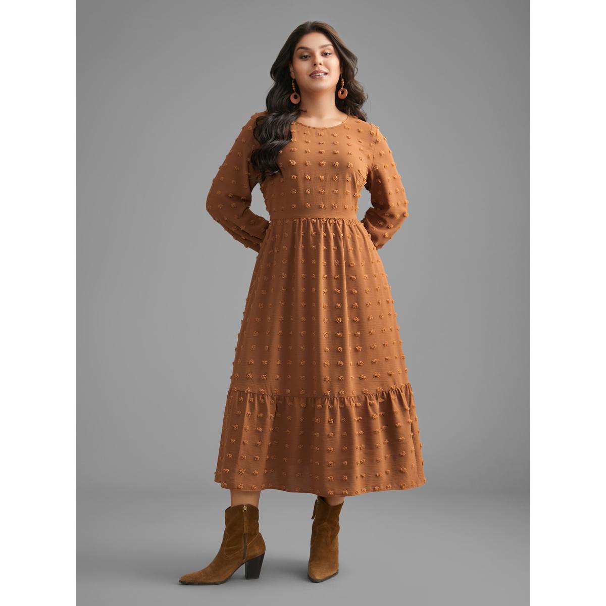 Plus Size Plain Textured Crew Neck Midi Dress Yellowishbrown Women Resort Texture Round Neck Long Sleeve Curvy BloomChic 22-24/3X Product Image