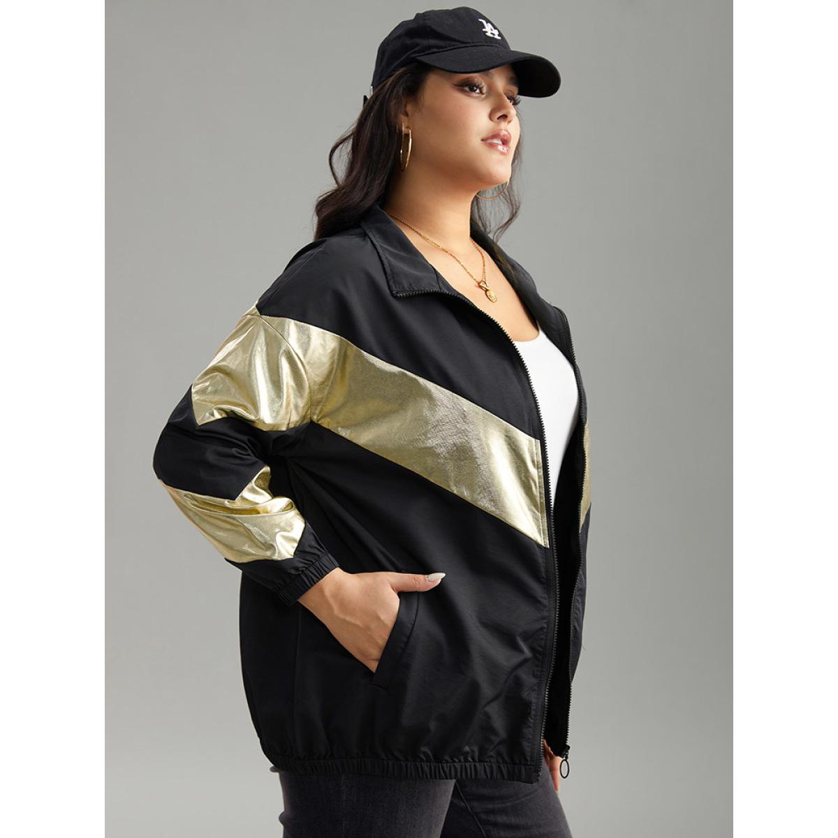 Plus Size Geometric Patchwork Contrast Zipper Jacket Women Black Elastic cuffs Pocket Dailywear Jackets BloomChic 18-20/2X Product Image